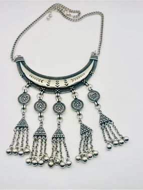 Boho Tribal Silver Crescent Moon Statement Necklace with Tassel Charms